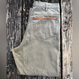 ORVIS Men’s 34 X 27 Casual Green Denim Jeans Pants with Tan Leather Accents T3